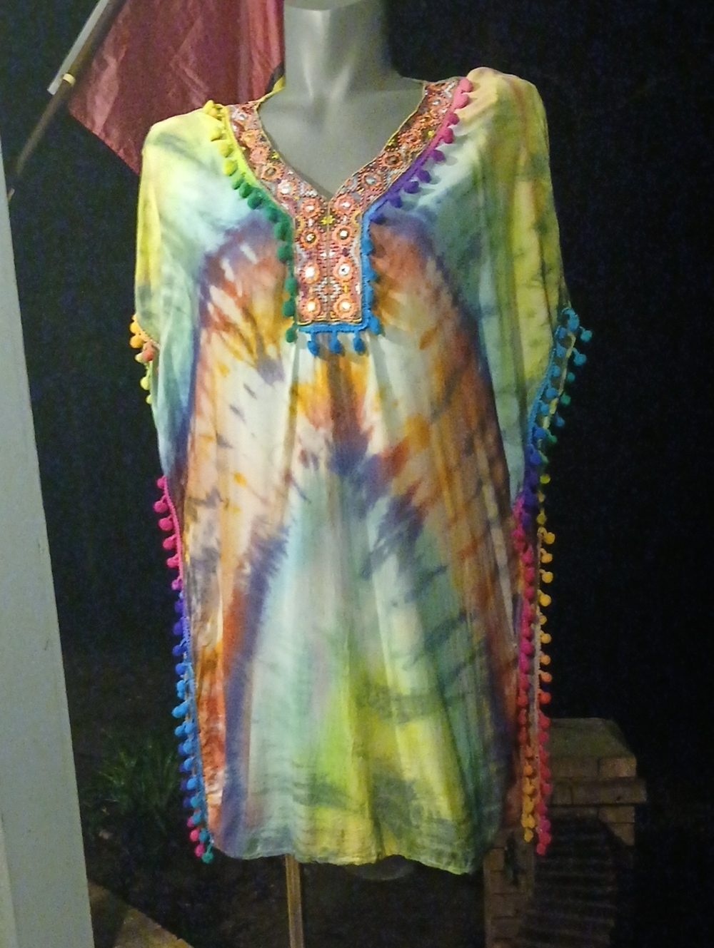 Beach By Exist Multicolor Tie-Dye Pom-Pom V-Neck Tunic,womens SzL-XL